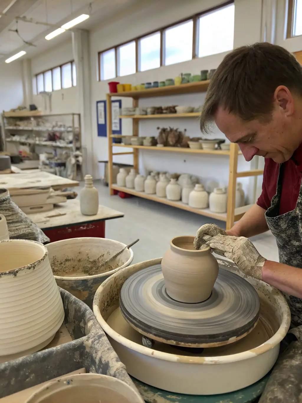 A vibrant photograph capturing participants of all ages engaged in a hands-on pottery workshop at CENTRE D'ARTS PLASTIQUES DE ROYAN, showcasing the creative atmosphere and community interaction.