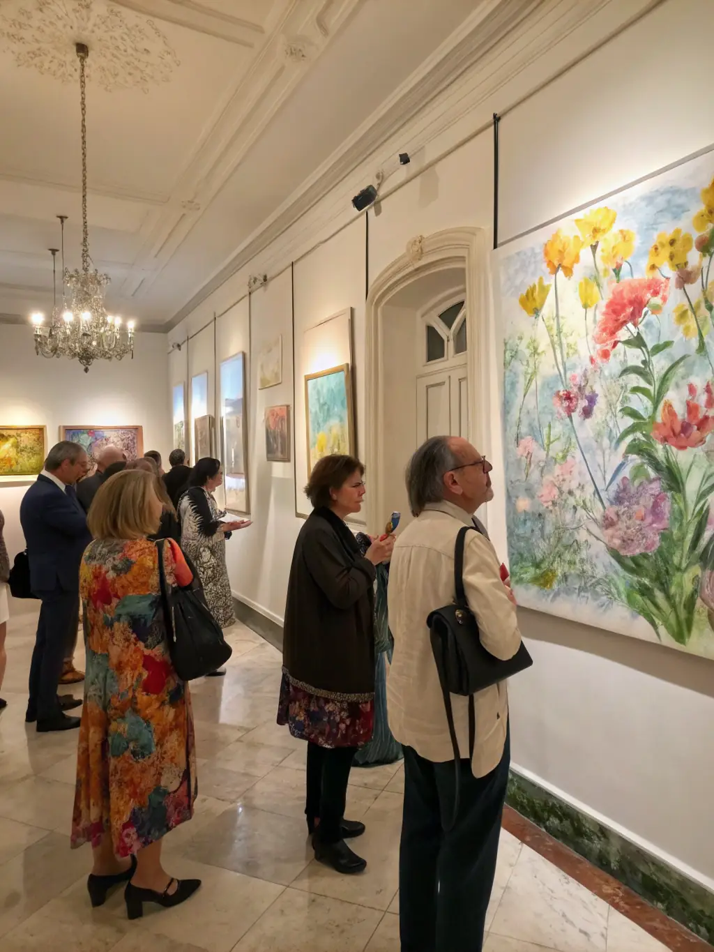 A vibrant photograph capturing the opening night of a recent contemporary art exhibition at CENTRE D'ARTS PLASTIQUES DE ROYAN, showcasing attendees admiring the artwork and engaging in conversation.