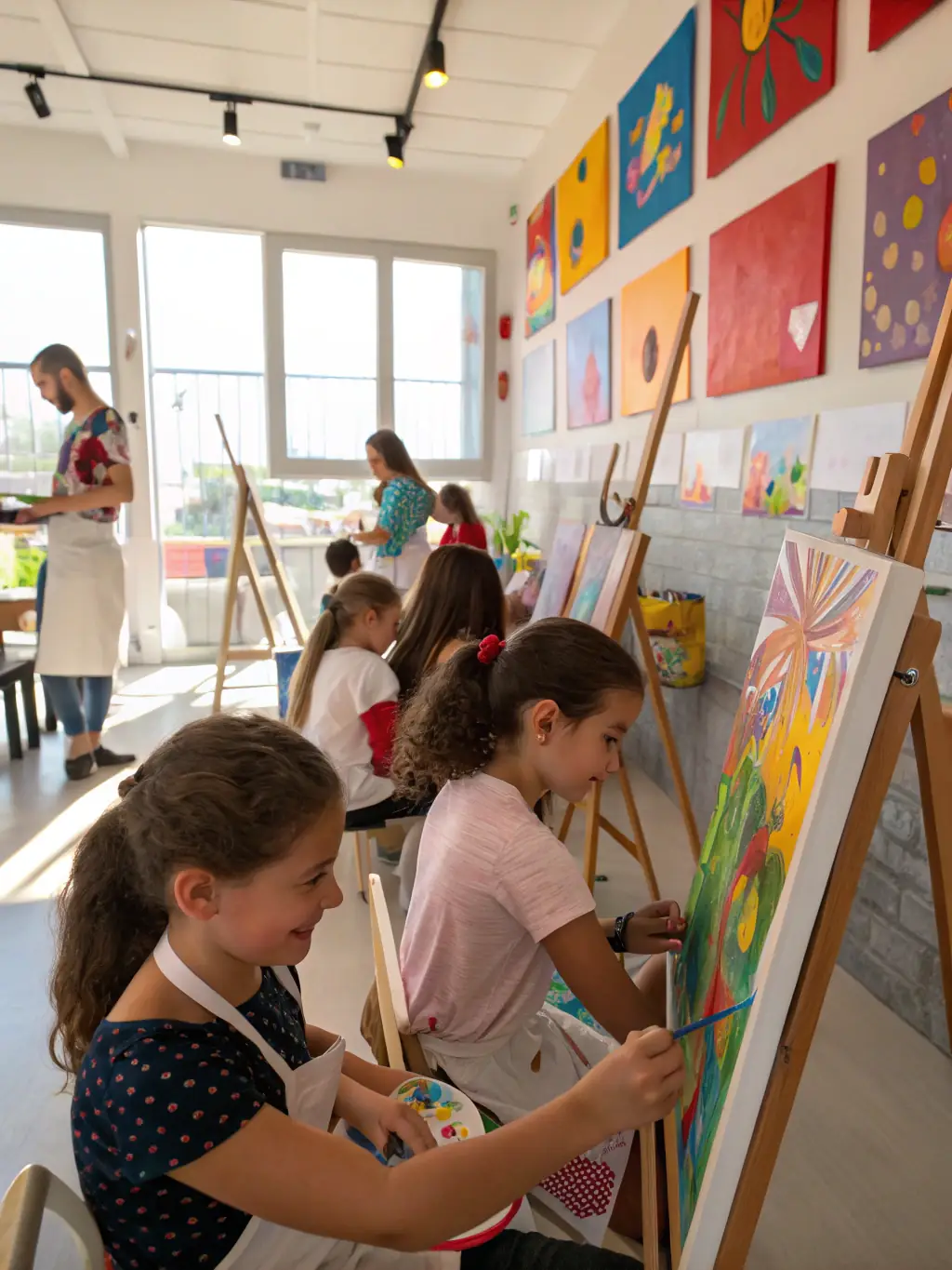 A dynamic photo of a group of students participating in a painting class at CENTRE D'ARTS PLASTIQUES DE ROYAN, emphasizing the educational aspect and the joy of artistic expression.