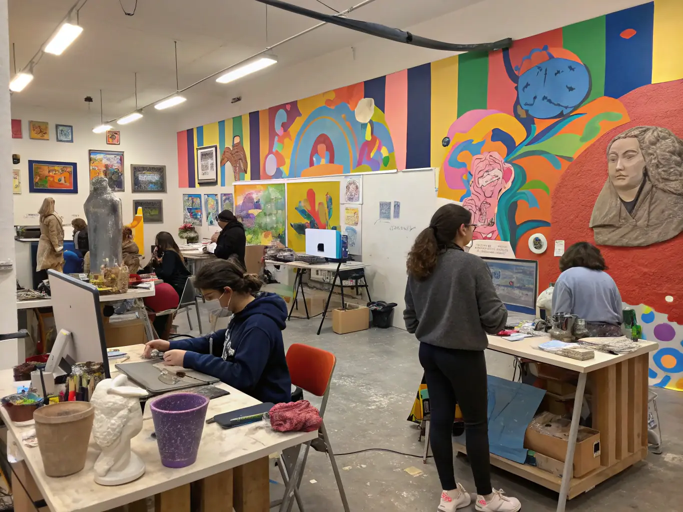 An engaging educational workshop where participants of all ages are learning various art techniques, such as painting, drawing, and sculpting, guided by experienced instructors in a creative environment.
