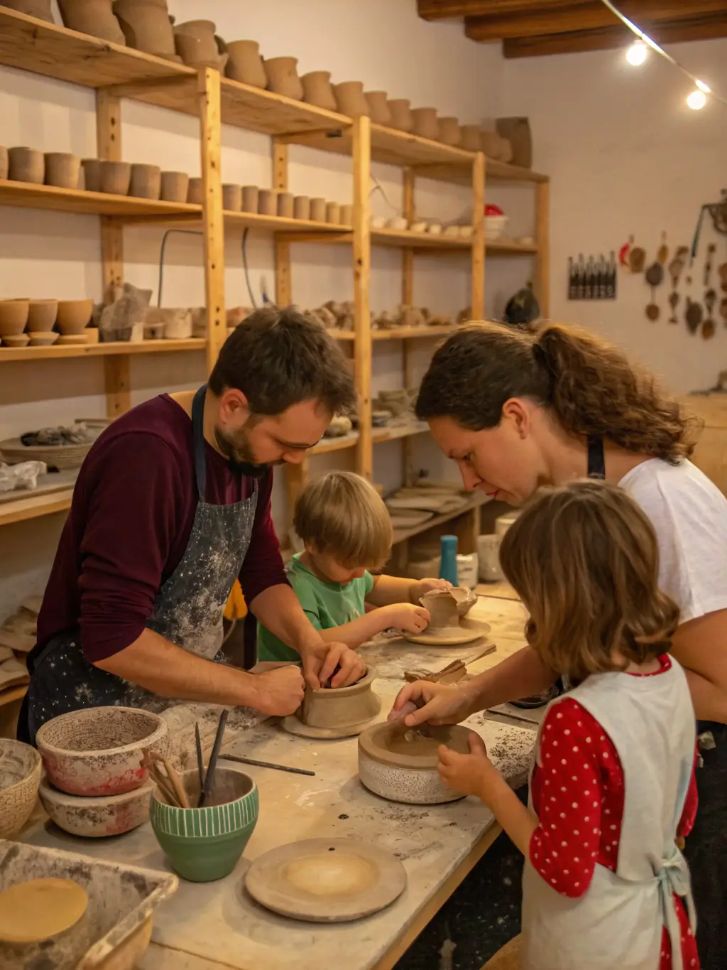 A group of students participating in a hands-on pottery workshop at CENTRE D'ARTS PLASTIQUES DE ROYAN, guided by an experienced instructor.
