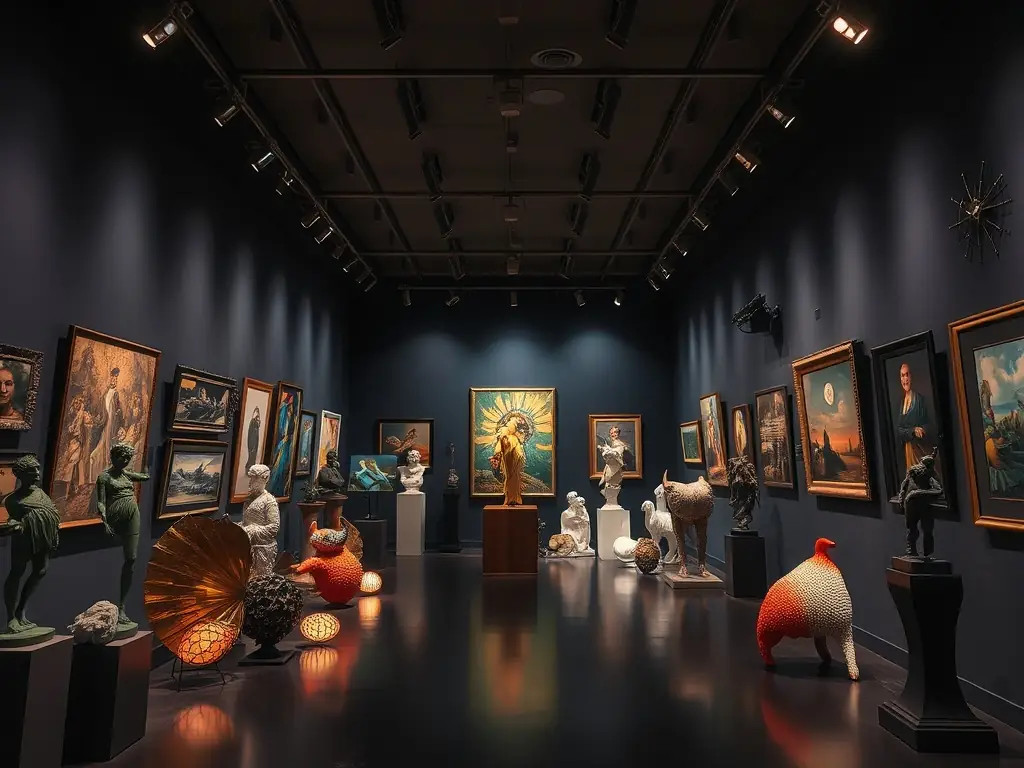 A vibrant contemporary art exhibition featuring diverse artworks, showcasing paintings, sculptures, and mixed media installations, with visitors engaging in discussions and appreciating the artistic expressions.