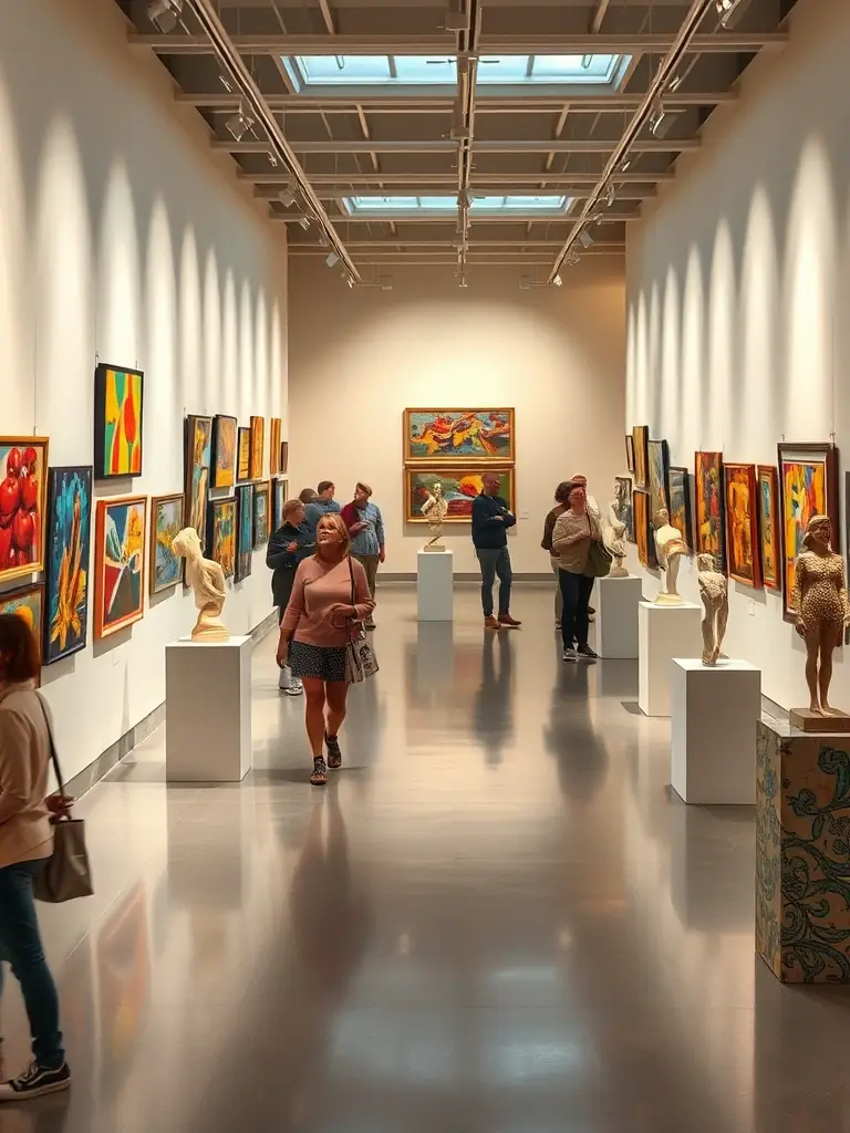 A striking image of a contemporary art exhibition at CENTRE D'ARTS PLASTIQUES DE ROYAN, featuring modern sculptures and paintings, with visitors admiring the artwork.